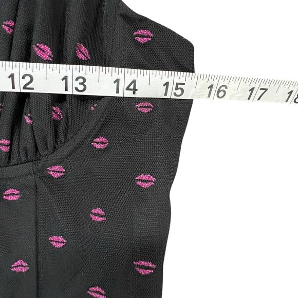 Betsey Johnson Corset Midi Dress 8 Black Lip Print Tulle Mesh Whimsical Romantic - Picture 9 of 15